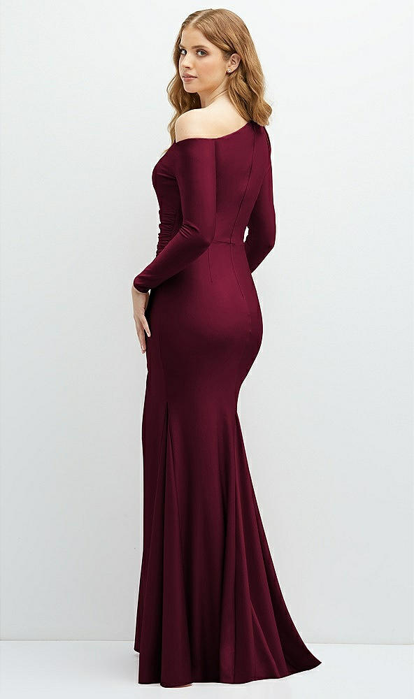 Back View - Cabernet Long Sleeve Cold-Shoulder Draped Stretch Satin Mermaid Dress with Horsehair Hem