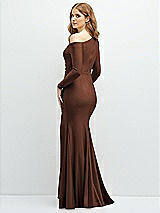 Rear View Thumbnail - Cognac Long Sleeve Cold-Shoulder Draped Stretch Satin Mermaid Dress with Horsehair Hem