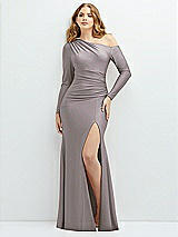 Front View Thumbnail - Cashmere Gray Long Sleeve Cold-Shoulder Draped Stretch Satin Mermaid Dress with Horsehair Hem