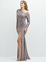 Side View Thumbnail - Cashmere Gray Long Sleeve Cold-Shoulder Draped Stretch Satin Mermaid Dress with Horsehair Hem