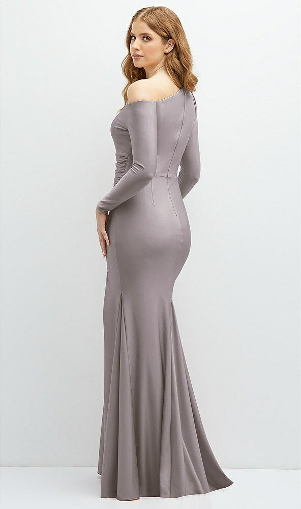 Back View - Cashmere Gray Long Sleeve Cold-Shoulder Draped Stretch Satin Mermaid Dress with Horsehair Hem