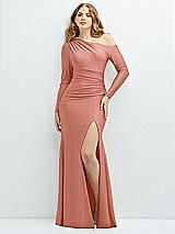 Front View Thumbnail - Desert Rose Long Sleeve Cold-Shoulder Draped Stretch Satin Mermaid Dress with Horsehair Hem