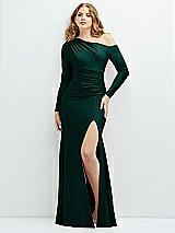 Front View Thumbnail - Evergreen Long Sleeve Cold-Shoulder Draped Stretch Satin Mermaid Dress with Horsehair Hem