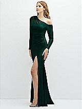 Side View Thumbnail - Evergreen Long Sleeve Cold-Shoulder Draped Stretch Satin Mermaid Dress with Horsehair Hem