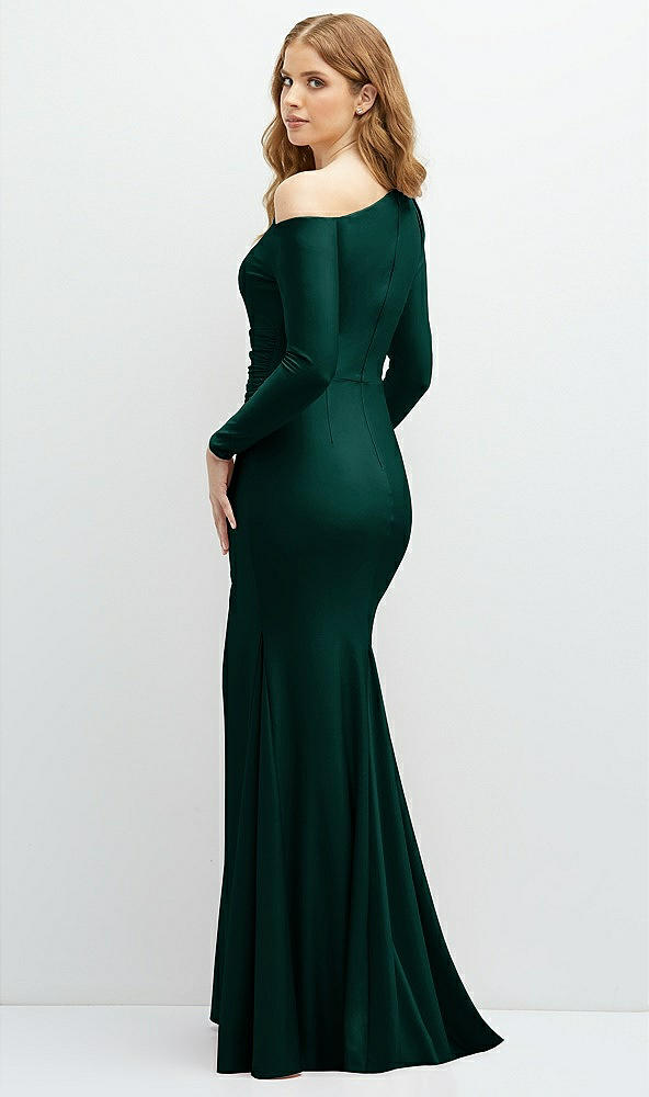Back View - Evergreen Long Sleeve Cold-Shoulder Draped Stretch Satin Mermaid Dress with Horsehair Hem