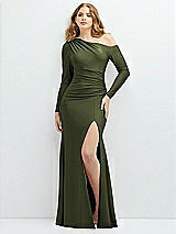 Front View Thumbnail - Olive Green Long Sleeve Cold-Shoulder Draped Stretch Satin Mermaid Dress with Horsehair Hem