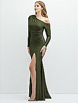 Side View Thumbnail - Olive Green Long Sleeve Cold-Shoulder Draped Stretch Satin Mermaid Dress with Horsehair Hem