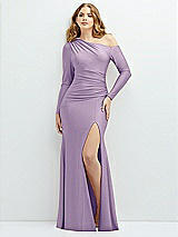 Front View Thumbnail - Pale Purple Long Sleeve Cold-Shoulder Draped Stretch Satin Mermaid Dress with Horsehair Hem