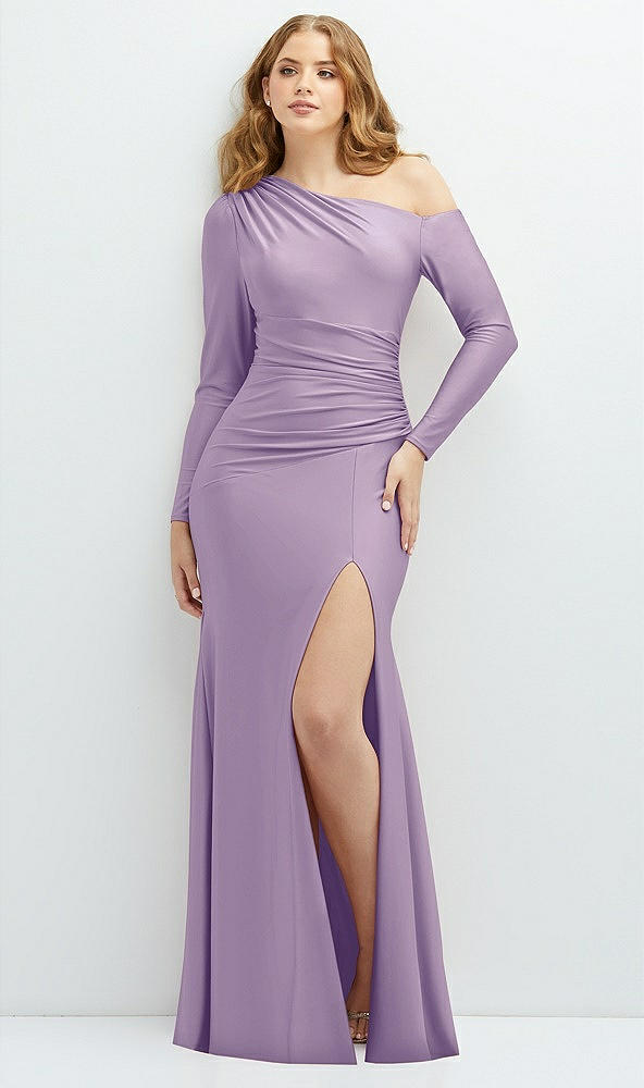 Front View - Pale Purple Long Sleeve Cold-Shoulder Draped Stretch Satin Mermaid Dress with Horsehair Hem