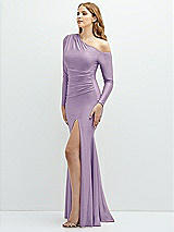 Side View Thumbnail - Pale Purple Long Sleeve Cold-Shoulder Draped Stretch Satin Mermaid Dress with Horsehair Hem