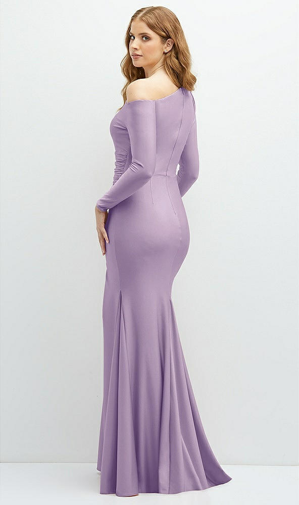 Back View - Pale Purple Long Sleeve Cold-Shoulder Draped Stretch Satin Mermaid Dress with Horsehair Hem