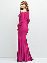 Rear View Thumbnail - Think Pink Long Sleeve Cold-Shoulder Draped Stretch Satin Mermaid Dress with Horsehair Hem