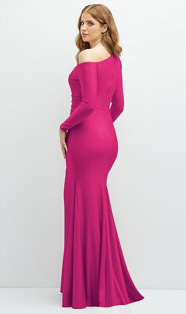 Back View - Think Pink Long Sleeve Cold-Shoulder Draped Stretch Satin Mermaid Dress with Horsehair Hem