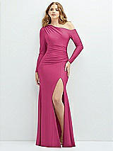 Front View Thumbnail - Tea Rose Long Sleeve Cold-Shoulder Draped Stretch Satin Mermaid Dress with Horsehair Hem