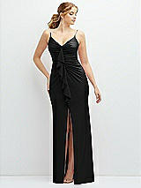 Front View Thumbnail - Black Rhinestone Strap Stretch Satin Maxi Dress with Vertical Cascade Ruffle