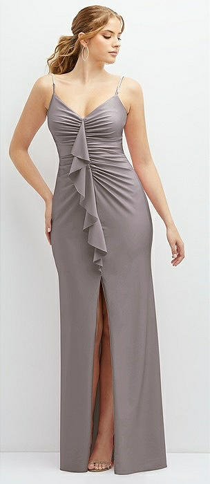 Shirred Deep Plunge Neck Closed Back Chiffon Maxi Bridesmaid Dress In  Cashmere Gray