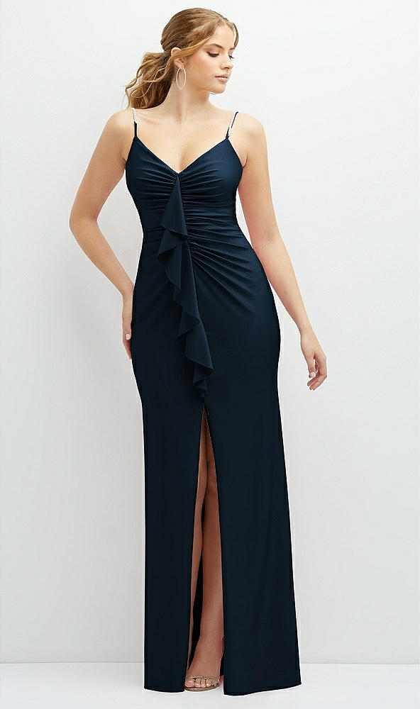 Front View - Midnight Navy Rhinestone Strap Stretch Satin Maxi Dress with Vertical Cascade Ruffle