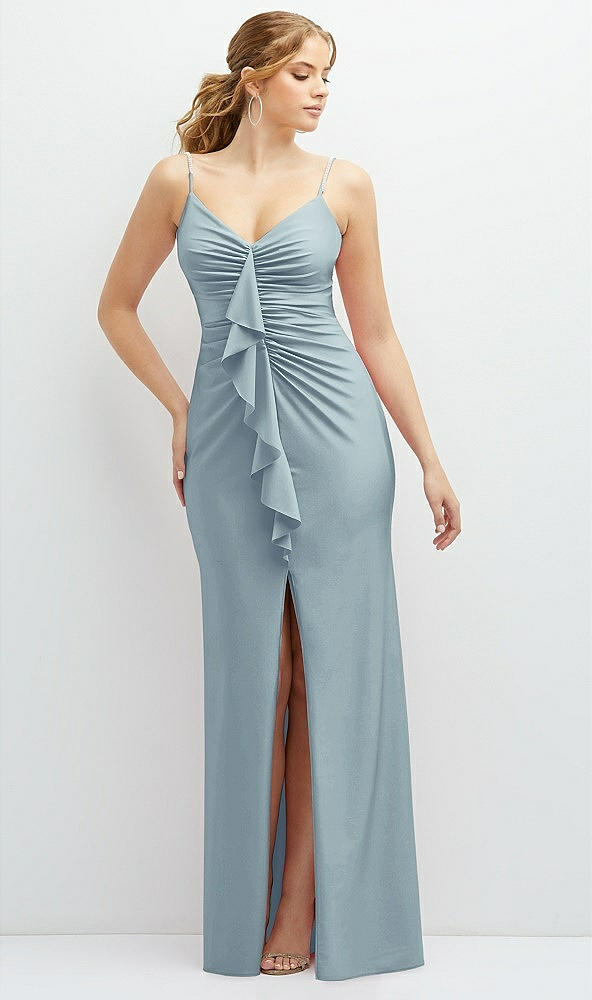 Front View - Mist Rhinestone Strap Stretch Satin Maxi Dress with Vertical Cascade Ruffle