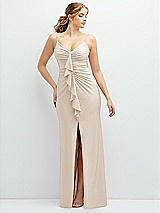 Front View Thumbnail - Oat Rhinestone Strap Stretch Satin Maxi Dress with Vertical Cascade Ruffle