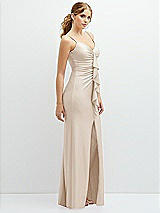 Side View Thumbnail - Oat Rhinestone Strap Stretch Satin Maxi Dress with Vertical Cascade Ruffle