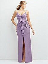 Front View Thumbnail - Pale Purple Rhinestone Strap Stretch Satin Maxi Dress with Vertical Cascade Ruffle