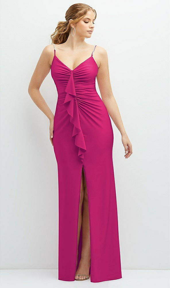 Front View - Think Pink Rhinestone Strap Stretch Satin Maxi Dress with Vertical Cascade Ruffle