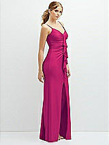 Side View Thumbnail - Think Pink Rhinestone Strap Stretch Satin Maxi Dress with Vertical Cascade Ruffle