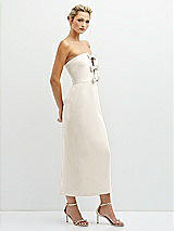Side View Thumbnail - Ivory Rhinestone Bow Trimmed Peek-a-Boo Deep-V Midi Dress with Pencil Skirt