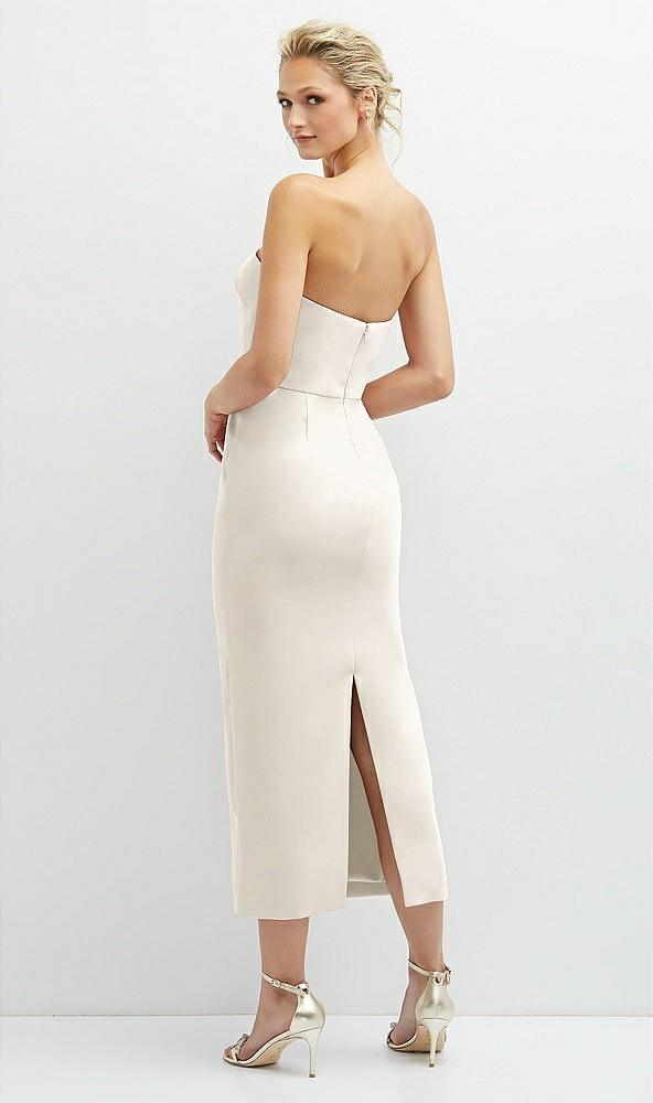 Back View - Ivory Rhinestone Bow Trimmed Peek-a-Boo Deep-V Midi Dress with Pencil Skirt