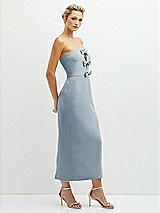 Side View Thumbnail - Mist Rhinestone Bow Trimmed Peek-a-Boo Deep-V Midi Dress with Pencil Skirt