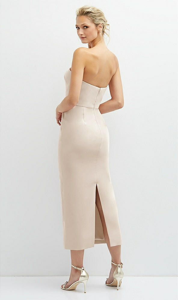 Back View - Oat Rhinestone Bow Trimmed Peek-a-Boo Deep-V Midi Dress with Pencil Skirt