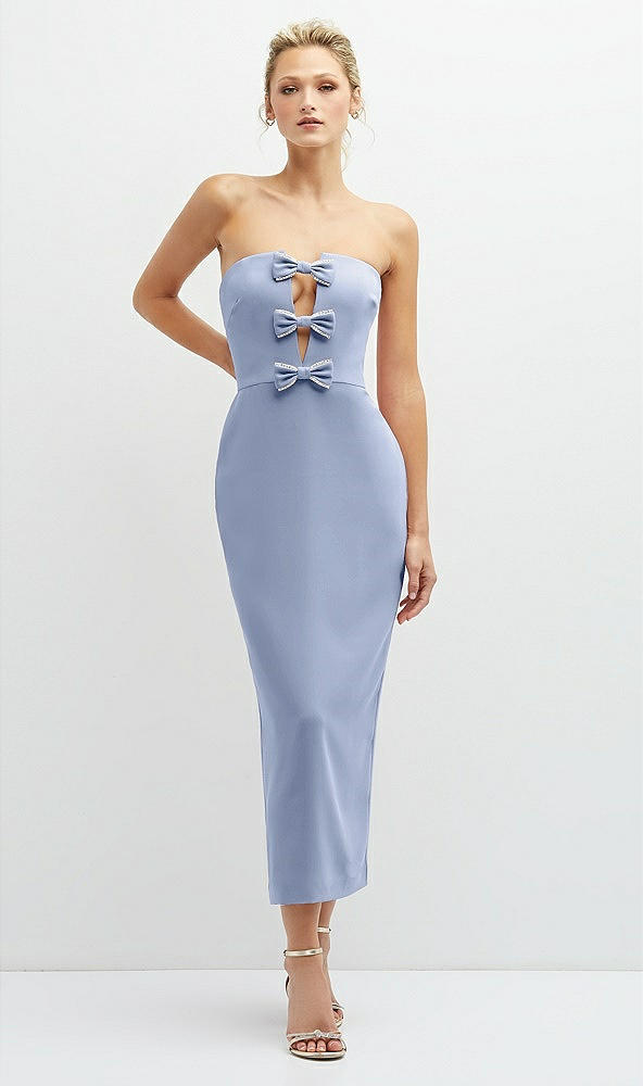 Front View - Sky Blue Rhinestone Bow Trimmed Peek-a-Boo Deep-V Midi Dress with Pencil Skirt