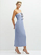 Side View Thumbnail - Sky Blue Rhinestone Bow Trimmed Peek-a-Boo Deep-V Midi Dress with Pencil Skirt