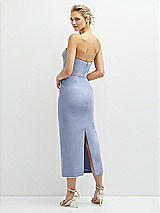 Rear View Thumbnail - Sky Blue Rhinestone Bow Trimmed Peek-a-Boo Deep-V Midi Dress with Pencil Skirt