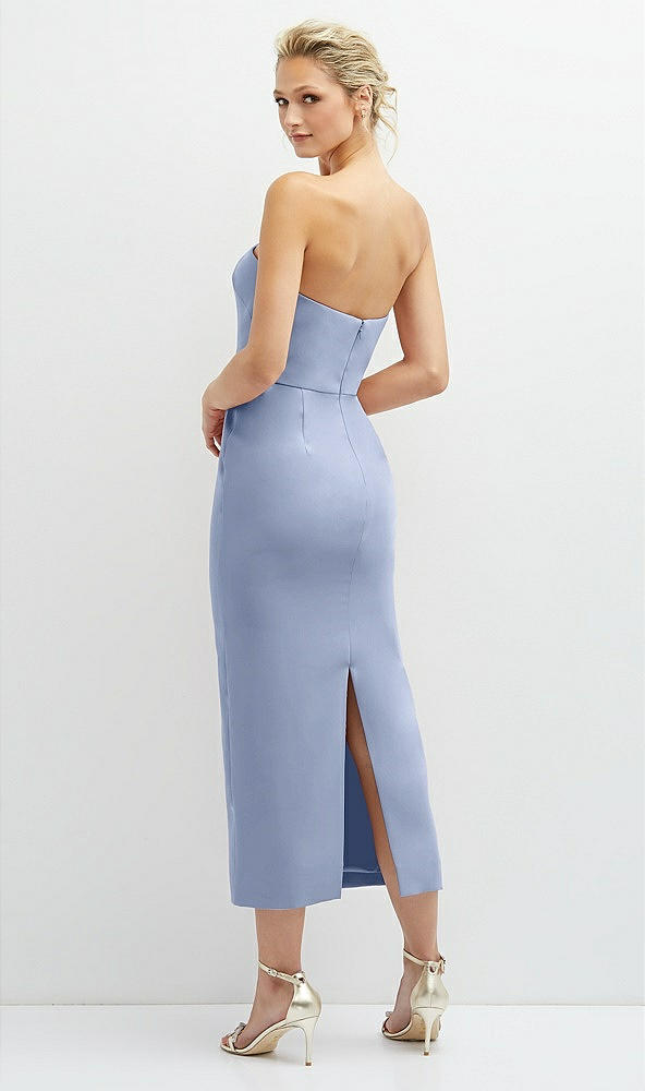 Back View - Sky Blue Rhinestone Bow Trimmed Peek-a-Boo Deep-V Midi Dress with Pencil Skirt