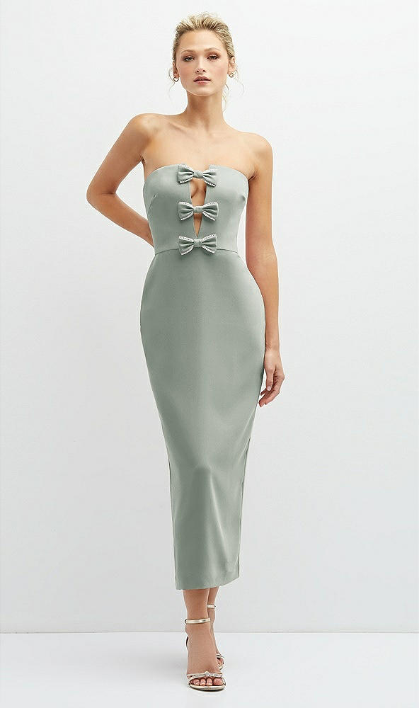Front View - Willow Green Rhinestone Bow Trimmed Peek-a-Boo Deep-V Midi Dress with Pencil Skirt