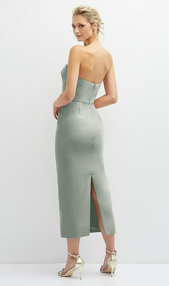 Back View - Willow Green Rhinestone Bow Trimmed Peek-a-Boo Deep-V Midi Dress with Pencil Skirt