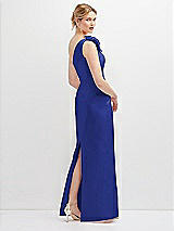 Rear View Thumbnail - Cobalt Blue Oversized Flower One-Shoulder Satin Column Dress
