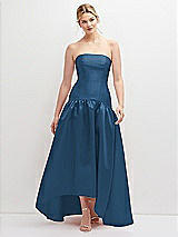 Front View Thumbnail - Dusk Blue Strapless Fitted Satin High Low Dress with Shirred Ballgown Skirt