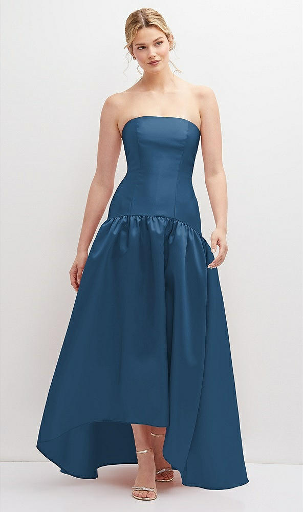 Front View - Dusk Blue Strapless Fitted Satin High Low Dress with Shirred Ballgown Skirt