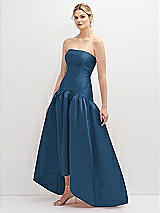 Side View Thumbnail - Dusk Blue Strapless Fitted Satin High Low Dress with Shirred Ballgown Skirt