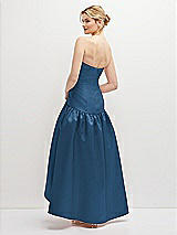 Rear View Thumbnail - Dusk Blue Strapless Fitted Satin High Low Dress with Shirred Ballgown Skirt