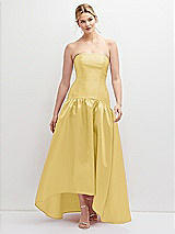 Front View Thumbnail - Maize Strapless Fitted Satin High Low Dress with Shirred Ballgown Skirt