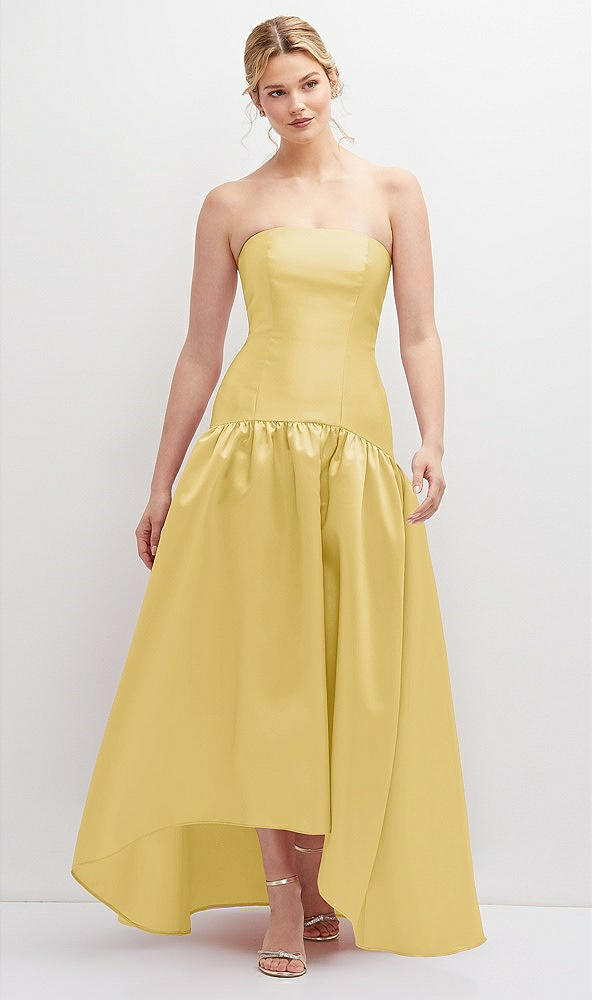 Front View - Maize Strapless Fitted Satin High Low Dress with Shirred Ballgown Skirt