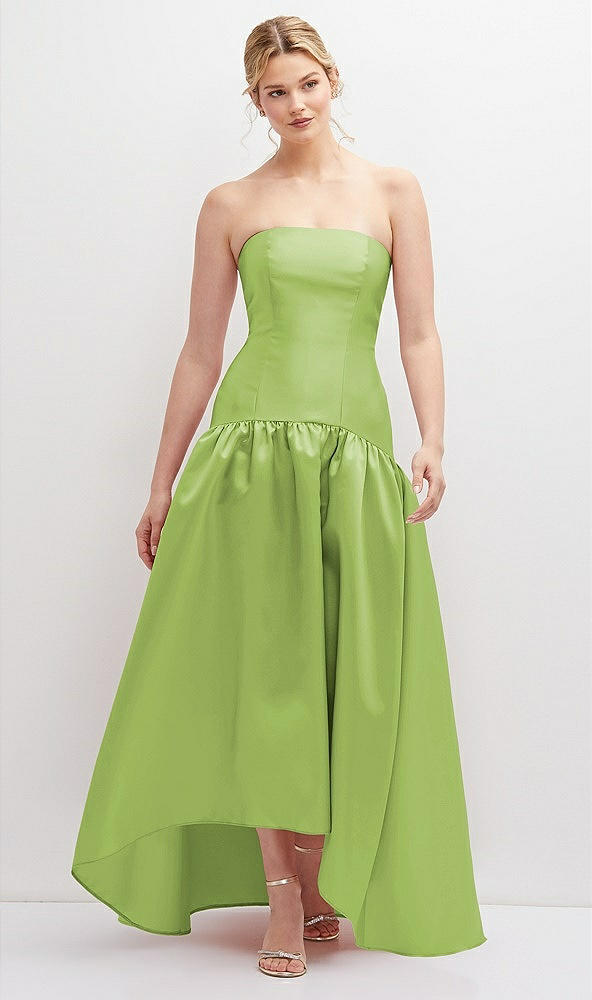 Front View - Mojito Strapless Fitted Satin High Low Dress with Shirred Ballgown Skirt