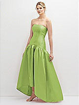 Side View Thumbnail - Mojito Strapless Fitted Satin High Low Dress with Shirred Ballgown Skirt