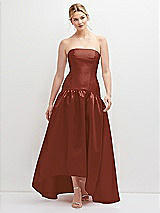 Front View Thumbnail - Auburn Moon Strapless Fitted Satin High Low Dress with Shirred Ballgown Skirt
