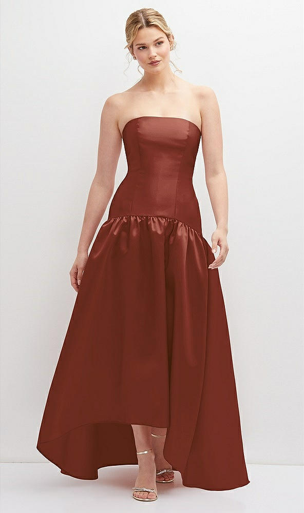 Front View - Auburn Moon Strapless Fitted Satin High Low Dress with Shirred Ballgown Skirt