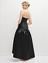 Rear View Thumbnail - Black Strapless Fitted Satin High Low Dress with Shirred Ballgown Skirt