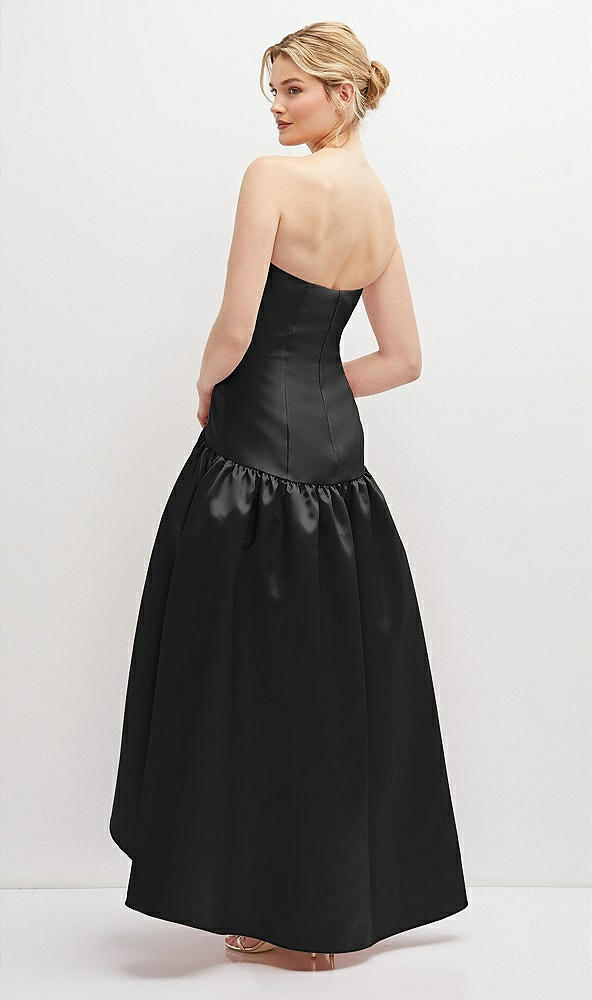 Back View - Black Strapless Fitted Satin High Low Dress with Shirred Ballgown Skirt